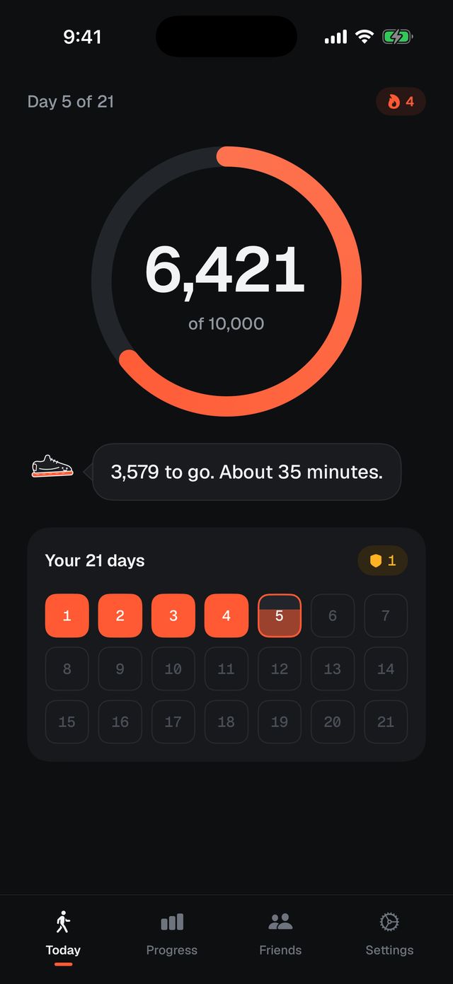 StepStreak Today screen: day 5 of 21, 6,421 of 10,000 steps, and the 21-day grid.